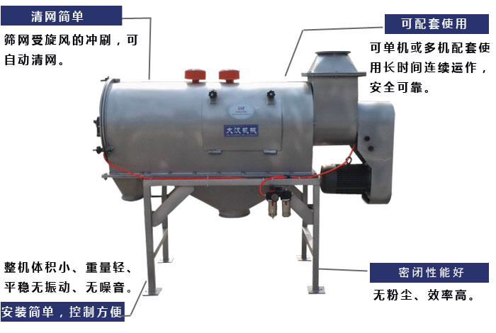 氣旋篩工作原理：篩網(wǎng)受旋風(fēng)的沖刷，可自動(dòng)清網(wǎng)，單機(jī)或多機(jī)配套使用長(zhǎng)時(shí)間連續(xù)運(yùn)作，安全可靠。