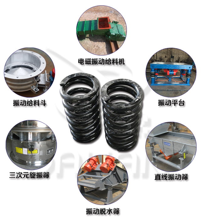 旋振篩減震彈簧適用產(chǎn)品：振動(dòng)給料機(jī)，電磁振動(dòng)給料機(jī)，振動(dòng)平臺(tái)，直線振動(dòng)篩，振動(dòng)脫水篩，三次元旋振篩。