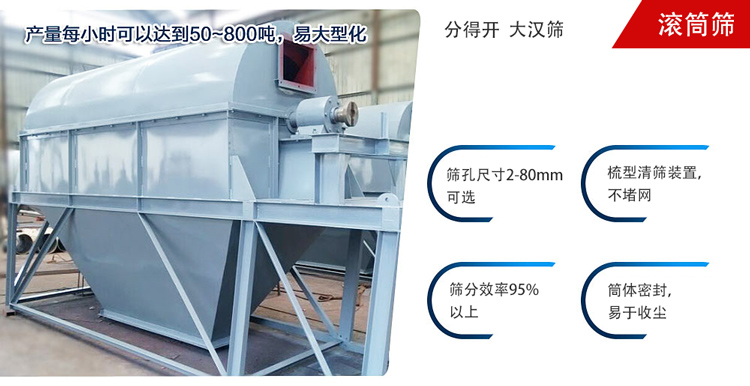 滾筒篩分開放式,封閉式兩種選擇無塵篩分。無軸滾筒：適用生活垃圾等一些有一定纏繞性物料;有軸滾筒：適用石料，砂土等含水量較少的物料