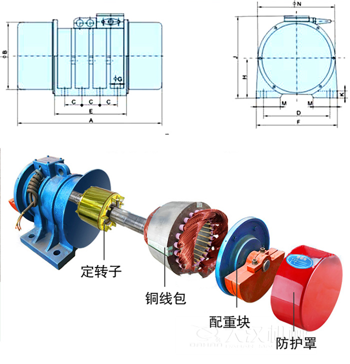 YZS振動電機內(nèi)部主要部件：定轉(zhuǎn)子，銅線包，配重塊，防護(hù)罩。